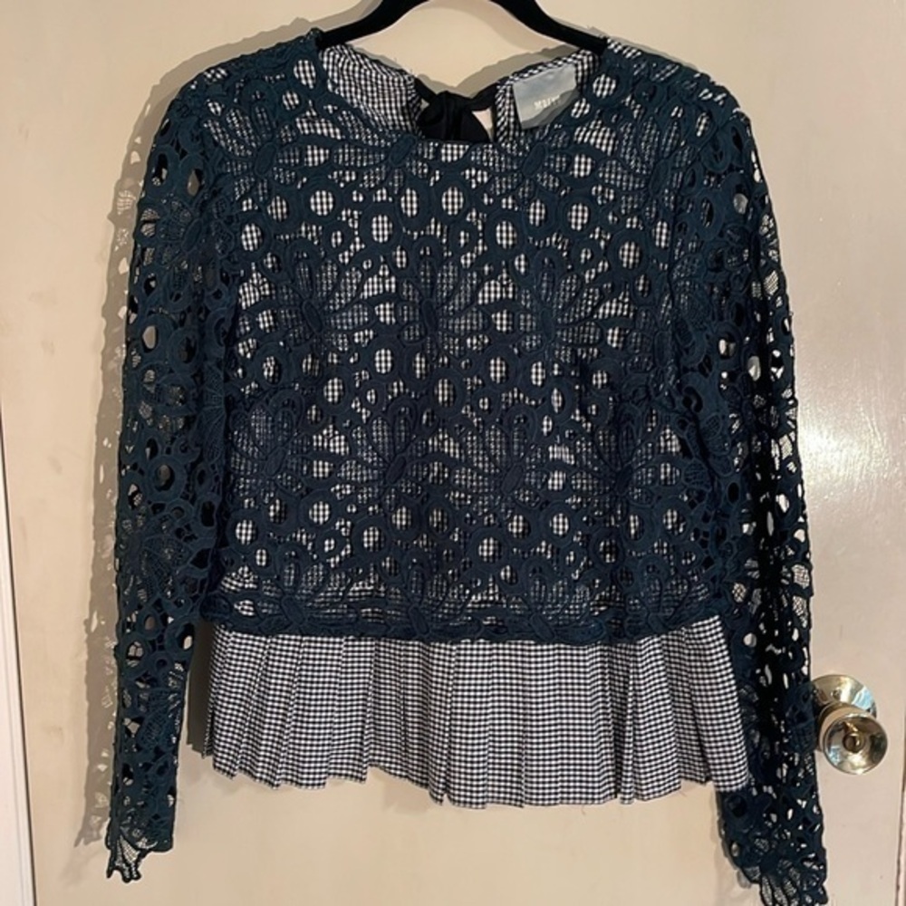 Maeve Navy Lace Overlay Peplum Blouse with Black & White Gingham